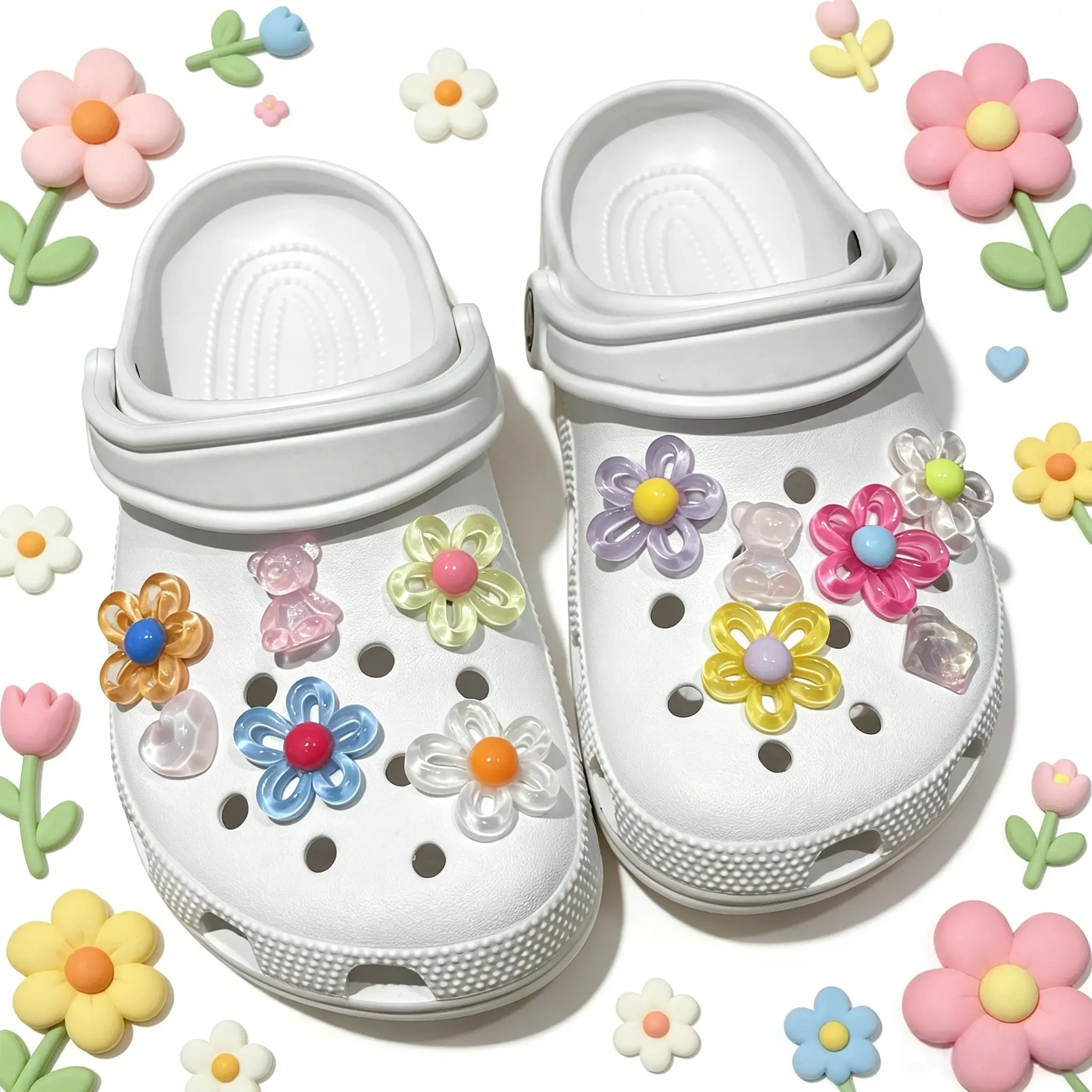 12PCS Cute Flower Shoe Charms for Crocs, Clogs, Sandals, DIY Shoe Decorations, Party Favor Gift Accessories, 12 Pcs-A （No Shoes）