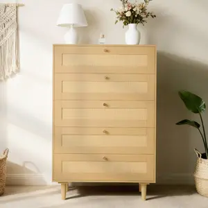 VEVOR 5 Drawer Rattan Dresser, Modern Closet Dresser for Bedroom, Natural Rattan Chest of Drawers with Metal Handles Wooden Legs, Chest Clothing Organizer Storage for Bedroom, Living Room, Hallway