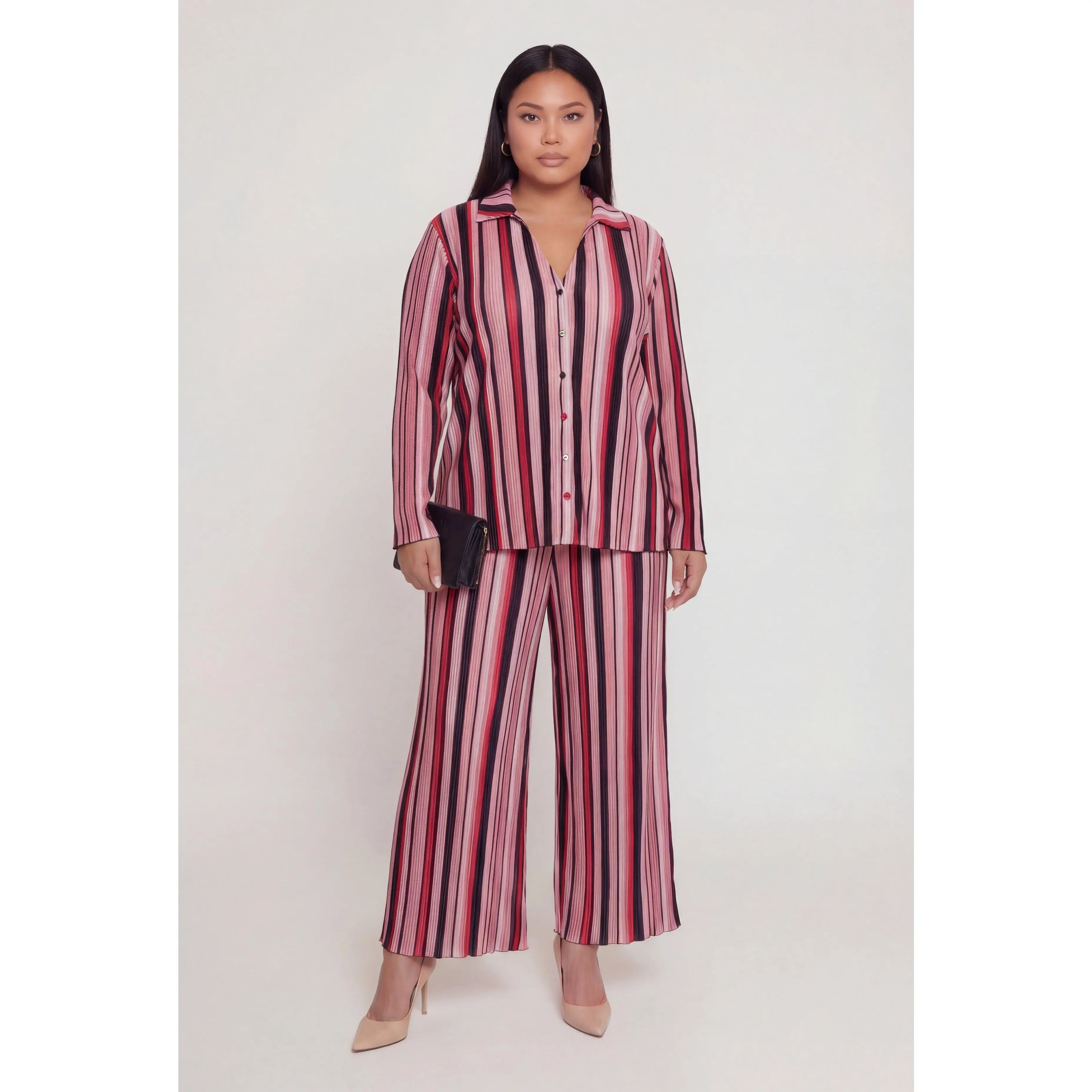 Plus Size Striped Plisse Wide Leg Pants