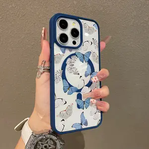 Adorable Magnetic Case for iPhone11/12/13/14/15/16/17/promax Soft Blue Butterfly Pattern MagSafe Compatible, Lightweight, Anti-Fall | Girly & Chic Style