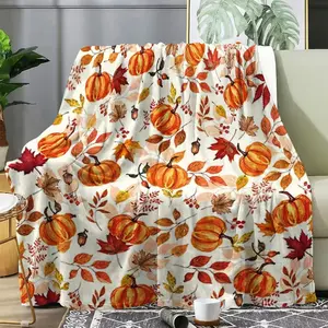Autumn Pumpkin & Maple Leaf Print Flannel Blanket - Soft, Lightweight & Warm, Perfect for Bed, Sofa, Office, Camping & Travel - Versatile Gift Idea, Bedspread, Throw Blanket, Couple'S Blanket, Decorative Blanket