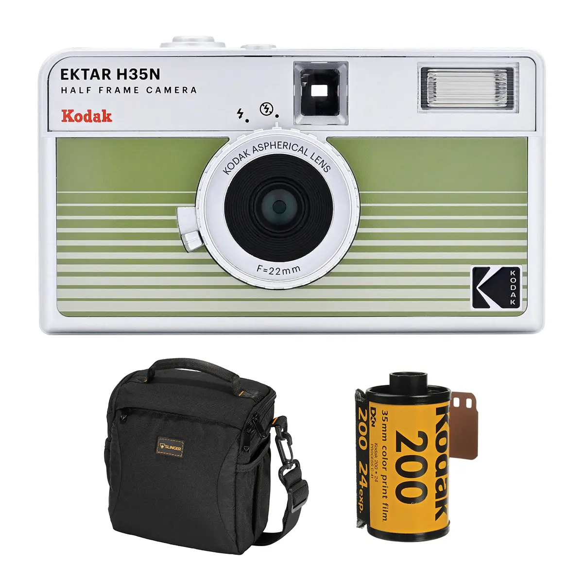 Kodak EKTAR H35N Half Frame Film Camera, Striped Green, Bundle with Kodacolor Gold 200 35mm Color Negative Roll Film, 24 Exposure and Slinger Alpine Shoulder Bag