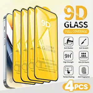 4pcs Full Cover 9D Tempered Glass For iPhone 17/16/16e/15/14/13/12/11/17 Pro Max/17 Pro/16 Pro Max/Air/Plus/Mini/X/XR/XS Max,9H+ Hardness Screen Protector Film,Anti-scratch,Anti-fingerprint,Ultra HD,Case Friendly,Glossy Finish