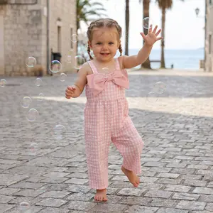 Toddler Girls Sweet Princess Romper Jumpsuit, Bowknot Plaid Sleeveless Wide Leg Overalls, Kids Summer Outfits For 1-4 Years