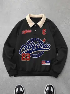 Men's Fall Winter Casual Letter Print Polo Shirt, Fleece Collar, Soft Fabric, Long Sleeve, Relaxed Fit, Daily Wear Clothing