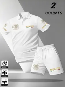 Men's Vintage Mexican Emblem Print Collared Top & Drawstring Shorts Set, Casual Daily Wear, Comfortable Fit, Quick-Dry Fabric, All Seasons
