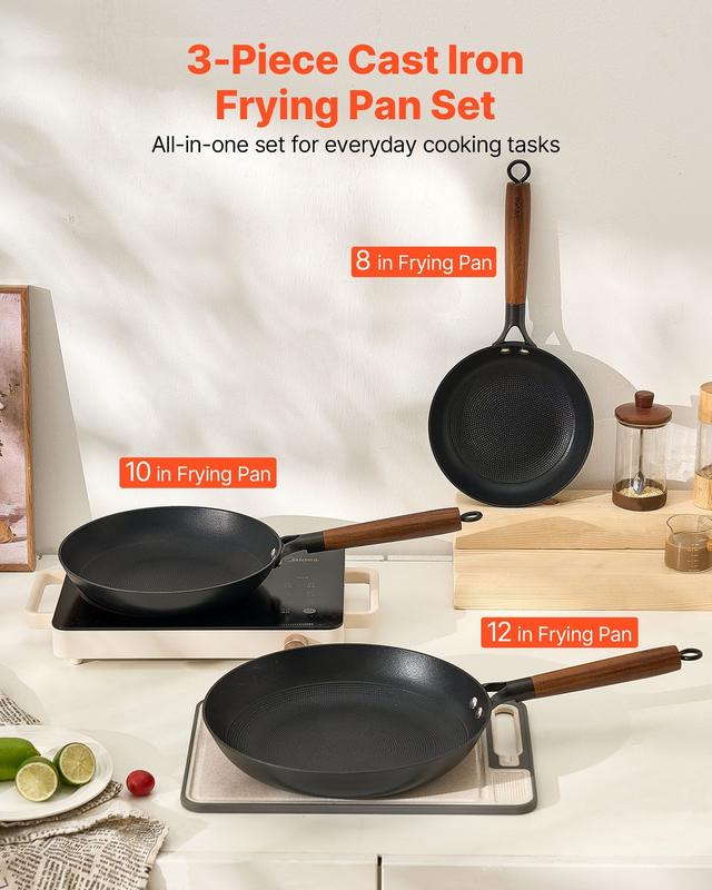 VEVOR 3 Piece Cast Iron Skillet Frying Pan Set 8 10 12 in Pre-Seasoned Nonstick Black Cookware