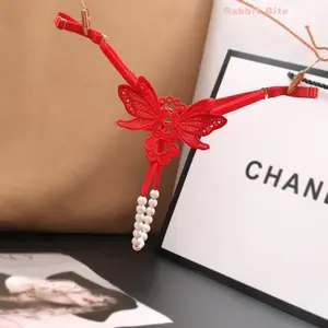 Rabbit Bite Bridal Sexy Pearl Thong: Low Waist Hollow Embroidery Transparent. Open Crotch One String Panties Womenswear, Perfect Valentine's Day Gift.