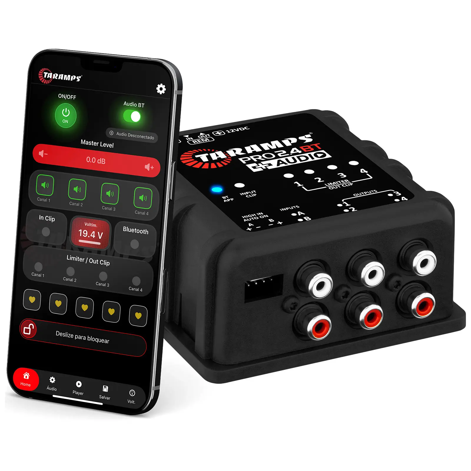 Taramps PRO 2.4BT + Audio Digital Audio Processor with Bluetooth Audio Player, Smartphone App Control for iOS & Android, 24-Bit DSP, RCA/Wire Input, Parametric EQ, Crossover, Delay, Alignment