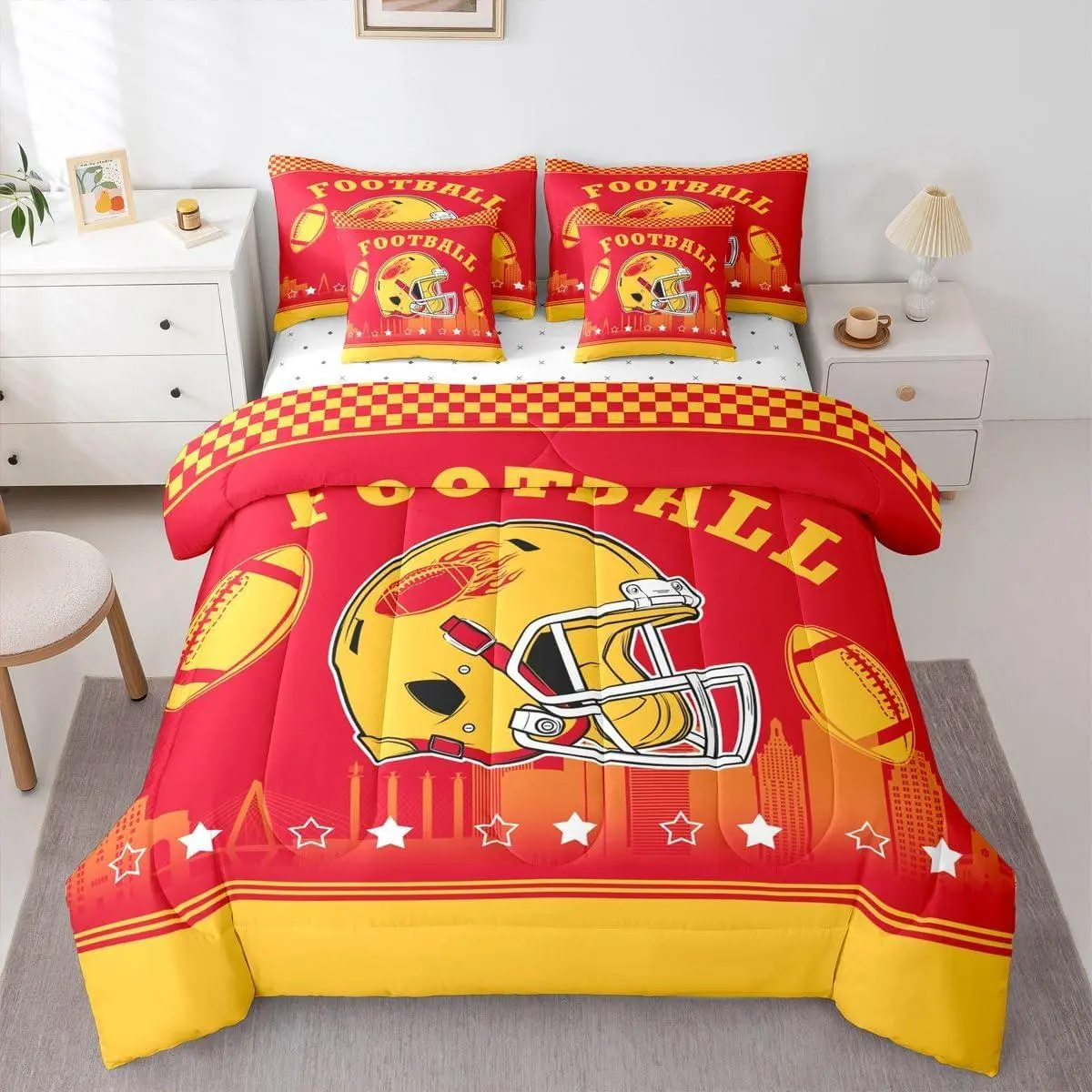 Football 7 Pcs Bedding Set for Boys Sports Bedding,Football Players Bed in A Bag with Flat and Fitted Sheet Ruby with Pillowcases and Cushion Cases,Sport Game Themed Quilt,Red Yellow