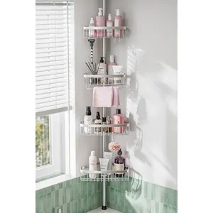 Corner Shower  Tension Pole: Adjustable Rustproof 4-Tier Inside Bathroom Organizer - -121 inch Quick Installation Bathtub Shelves for Shampoo Storage - Rod Floor Standing Bath Rack