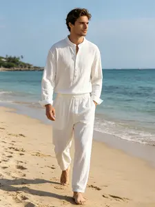 Men's 2-Piece Comfy Hawaiian Menswear Set - White Cotton-Linen Pants, Long Elastic Mandarin Collar Henley Shirts for Summer Beach Casual Outfits
