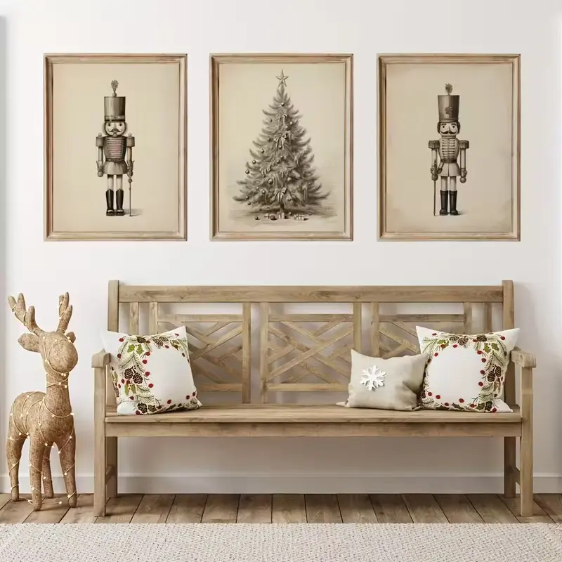 Three-Piece Frameless Christmas Tree & Nutcracker Wall Art Decor, Holiday Party Decoration, Canvas Print, Festive Style, Living Room Bedroom Bathroom Home Decor, Home Decor Products
