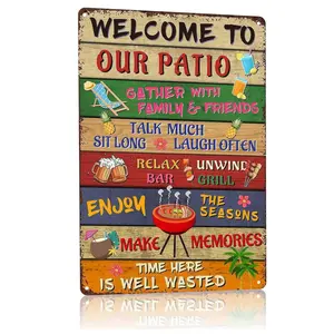 Welcome to Our Patio Outdoor Metal Sign – Colorful Rustic Wall Decor for Backyard, Poolside Bar, Funny Summer Sayings with Icons Poster Vintage Tin Sign, Great Gift for Neighbors & Friends 8x12 Inch