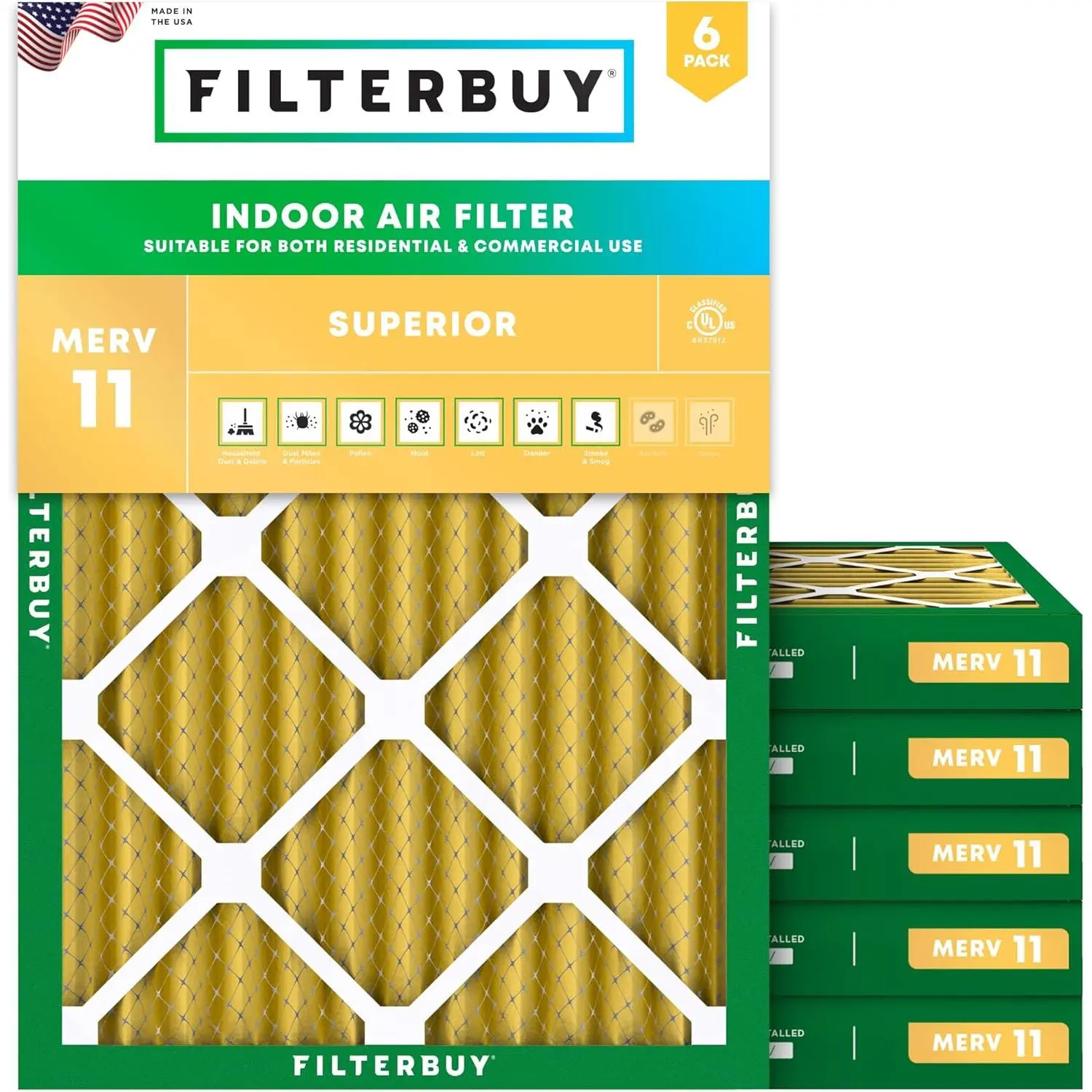 Filterbuy 17x22x2 Rectangular HVAC AC Furnace Replacement Air Filters (6-Pack) - Pleated Shape MERV 11 Allergen Defense, Polypropylene Synthetic Media (Actual Size:16.50x21.50x1.75 in) Replacement Parts