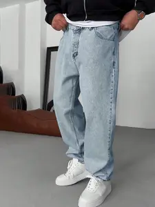 Straight Leg Denim Jeans Cotton Slant Pockets Washed Jean, Casual Versatile Wide Leg Jeans, Couple Matching Straight Fit Loose Fit