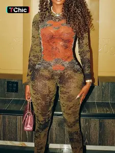 Women's Mesh Print Bodysuit Jumpsuit, Sexy Slim-Fit High Waist Zipper Long Sleeve Jumpsuit, Fashion Chic Casual Wear for Lady Clothing Spring + Summer