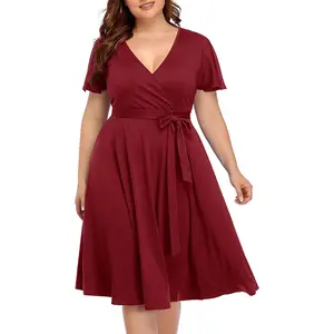 Pinup Fashion Plus Size Black Dresses Women Semi-Formal Wedding Guest Wrap Casual Short Flutter Sleeve V Neck Party Summer Dress  summervibes