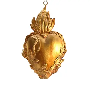 7" Sacred Heart Ex Voto with Vines, Antiqued Gold Milagro Ornament