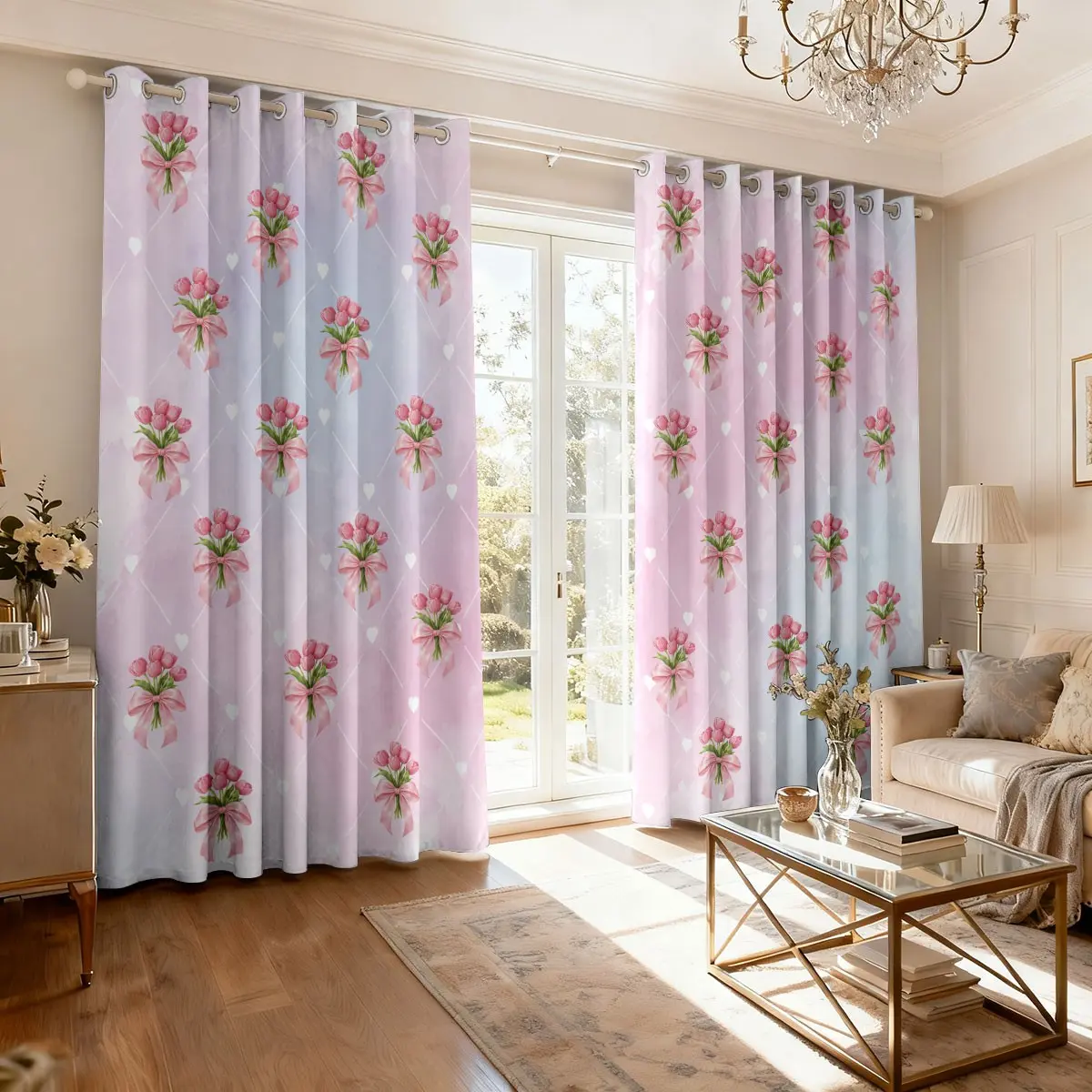 Tulip Pattern Bedroom Blackout Curtains, 84 Inch Long Sunshade Drapes, for Living Room Darkening, Window Panels for Study Guest Room Grommet Top 2 Panels