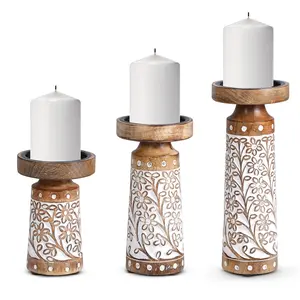 Rustic White Hand-Carved Mango Wood Pillar Candle Holders – Set of 3 (6", 8", 10") for Home Decor