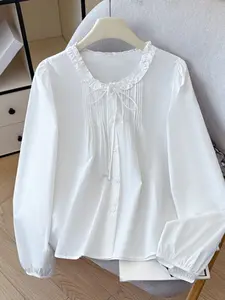 Spring New Korean Design Pleated Wood Trim Belted Sweet Style Ruffle Shirt, Women's Top, Fashionable and Comfortable