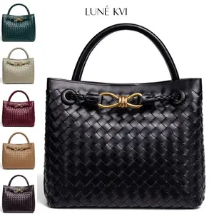 LUNÉ KVI New Hand woven Andiamo medium HandBag for Women Bow-Tie Metal Chain Clasp Shoulder Bag Versatile Women's Leather Crossbody Satchel with Elegance chic work handbag