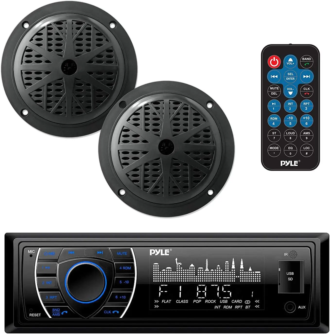Marine Headunit Receiver Speaker Kit  InDash LCD Digital Stereo Builtin Bluetooth & Microphone w/ AM FM Radio System 5.25’’ Waterproof Speakers (2) MP3/SD Readers & Remote ControlPLMRKT46BK