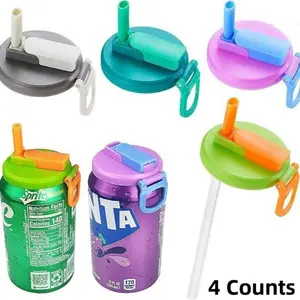 4 Counts Reusable Soda Can Lids with Silicone Straws - Beverage Covers for Seltzer & Juice, Ideal for Children's Day, Colorful Soft Drink Can Lid, Straw Spout Lid