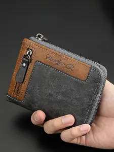 Men's Vintage Patchwork Zipper Wallet, Fashion Multi-Function Colorblock Card Holder, Coin Purse Gift for Boyfriend Father Son, Business Style Wallet