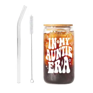 16oz with Straw & Brush, Cute Letter Pattern Glass Cup, Stylish Glass Cups, Drinking Cup for Home Office Use, Gift for Aunt, Birthday Gift