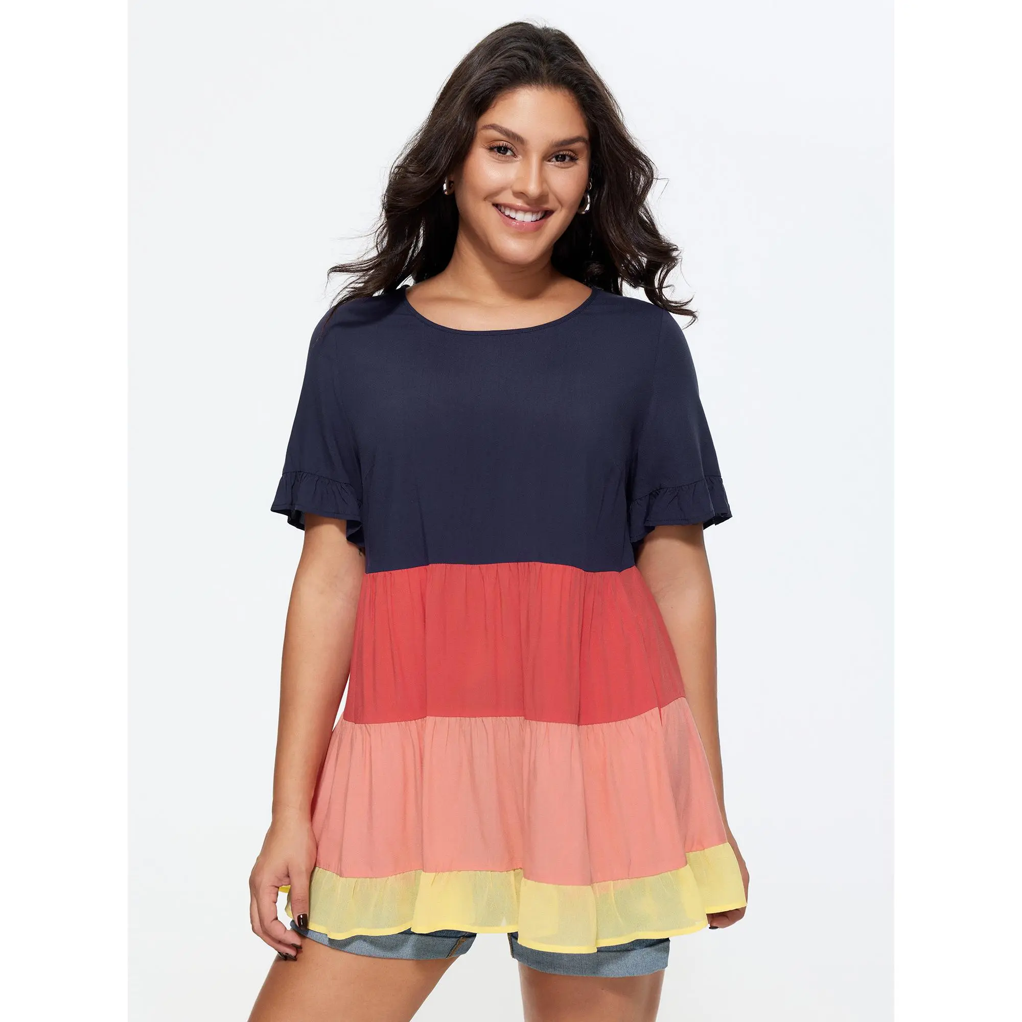 BloomChic Women's Plus Size Colorblock Tiered Round Neck Short Sleeve Tunic Blouse, 2026 [M-6X] Summer Finds, Colorful Structured Blouses & Shirts, Short Sleeve Tops, Mid-Length