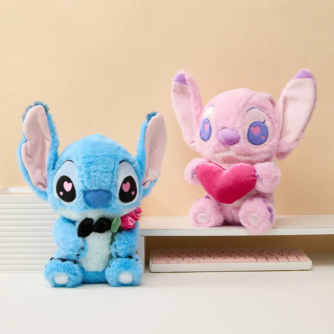 Disney Stitch Series – No.10 Valentine's Day Sitting Plush – Cute Collectible Figure, Perfect Gift for Lilo & Stitch Fans, Adorable Stitch Holding a Rose & Angel Holding a Heart for Romantic Gifting!