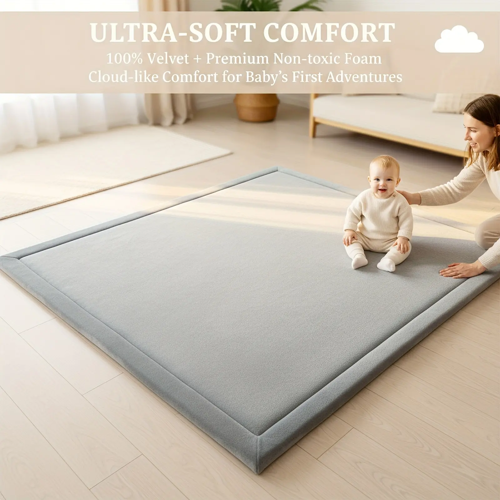 Soft Non Toxic Velvet Baby Play Mat Multiple Sizes Thick Foam Anti Slip Crawling Mat for Infants Toddlers Kids Cushioned Floor Mat for Living Room Bedroom Nursery Dark Gray Safe Comfortable Durable Perfect Christmas Holiday Gift
