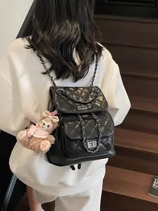 Women's Plaid Embroidered Backpack, New Arrival Versatile Chain Lock Back Bag, Fashion Mini Travel Bag, Casual PU Material