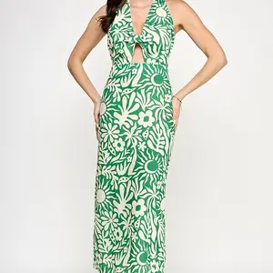 Linen Green Floral Print Maxi Dress with Halter Neck and Keyhole Detail