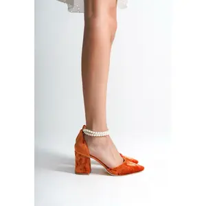 Pearl Olivia | Orange Velvet High Heels with Pearls