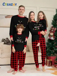 Christmas Dark Plaid Family Pajamas Set, Bottom with Colorful Merry Christmas Letters, Fitted Soft Fabric for Fall & Winter