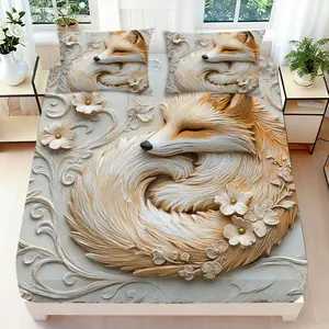 2/3 Pcs 2D Flat Artistic Fox Floral Fitted Sheet Set Fox Bedding Set Quilt Cover 1 Fitted Sheet+ 1/2 Pillowcases Fox Top Sheet Decorative Bedding Bedroom Decor