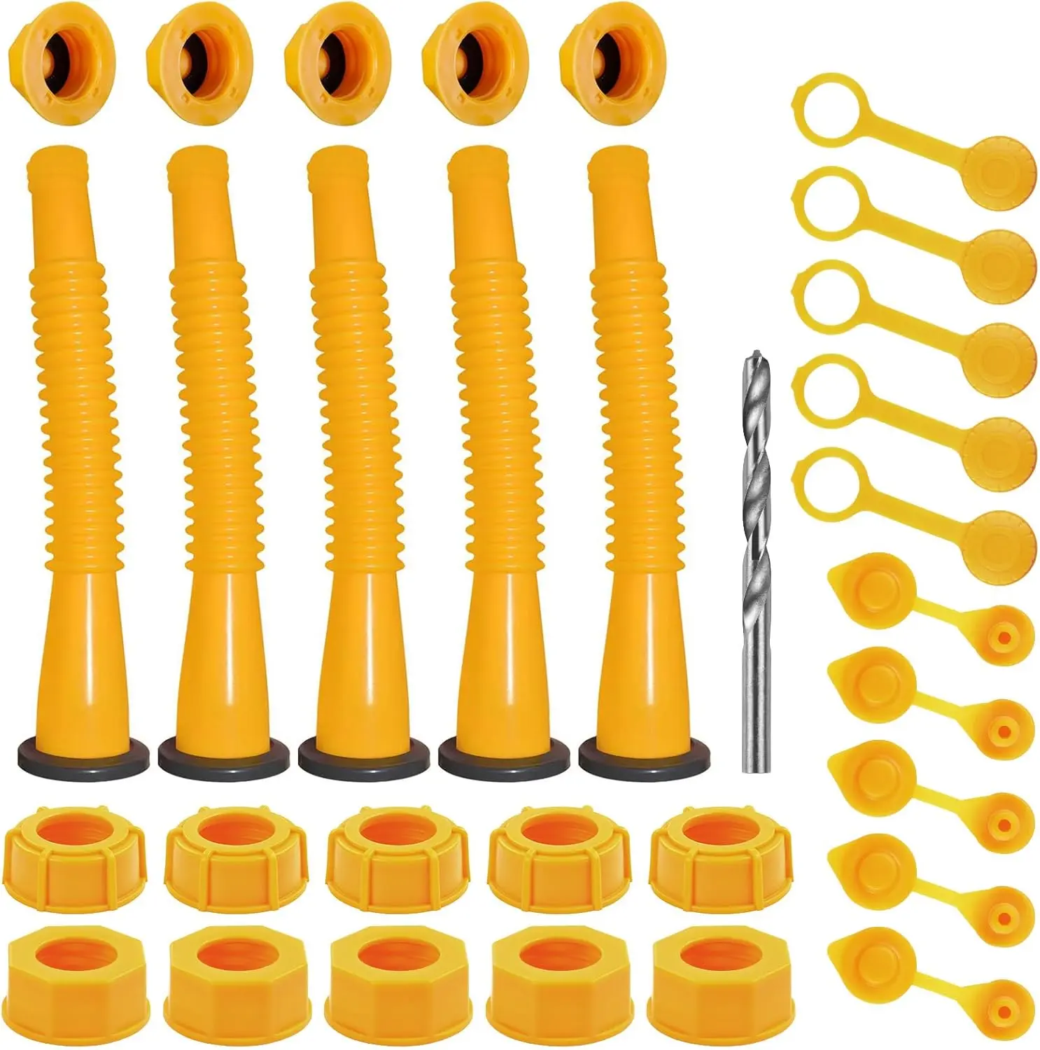 Leak-Proof Gas Can Nozzle Replacement Set - 1/2/5/10 Gal Flexible Spouts, Screw Collar Caps, Spout Covers, Base Caps, Coarse Thread Drill Bit for Motorcycles, Lawnmowers, Rubber Gasket