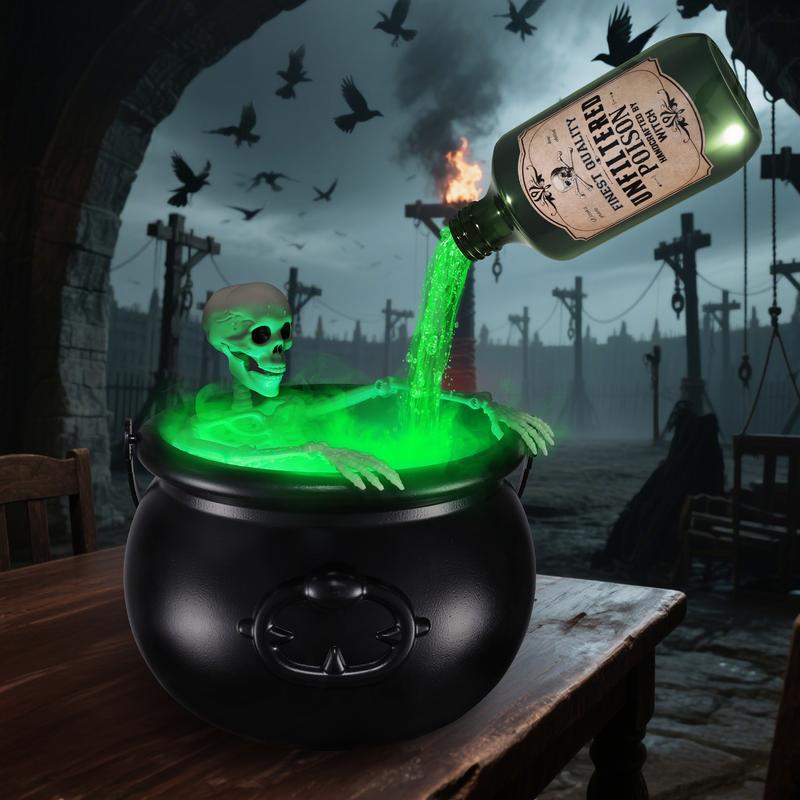 Halloween indoor decoration, magical cauldron floating potion bottle set with diffuser, black plastic witch bowl, fantasy-style party decoration, spooky vintage-style home kitchen dining table ornament, funny light