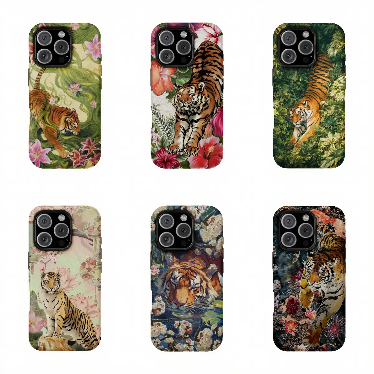 Vintage Chinese Tiger Phone Case - Cute Tiger Collage, Japanese Traditional Art Print, Cute Accessories for iPhone Series (17,16,15,14,13,12,11 Pro Max) with Waterproof, Impact Resistant, Precise Cutout
