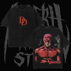 Retro Daredevil "Bullseye Rivalry" Edition Vintage Washed Tee, MCU Vigilante Graphic Unisex Oversized Heavyweight Cotton Streetwear T-Shirt