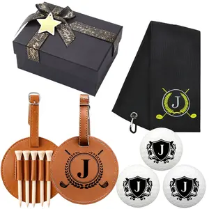 Personalized Golf Gift Set for Men & Dad - 3 Initial Golf Balls, Absorbent Towel & pu Leather Bag Tag with 5 Tees - Unique Birthday Box for Golfers & Partners - Golf Gift Accessory