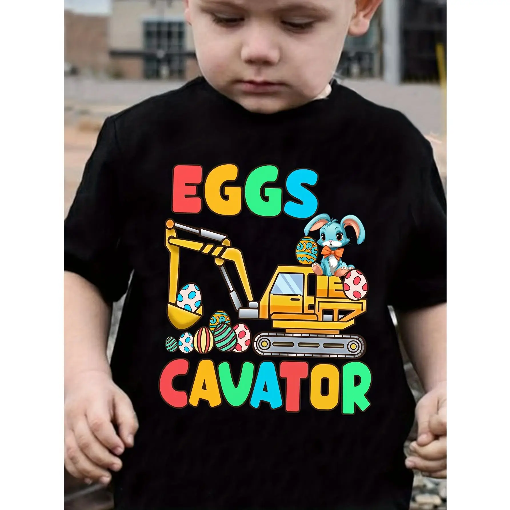 Seasonal Delight] Boys' Easter Egg Excavator Cartoon T-Shirt - Soft Cotton Short Sleeve Tee with Fun Bunny & Eggs Design, Casual Comfort Fit for Toddl
