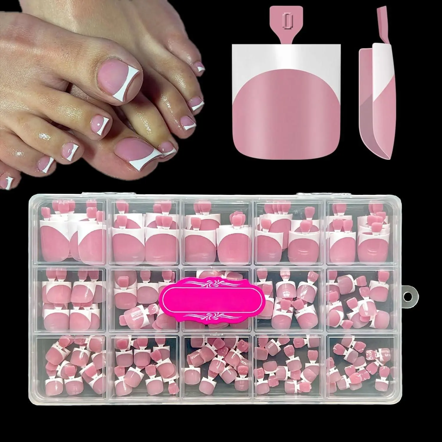 French Tip Toe Nail Tips Press on Sharp Square Pre-Designed Soft Gel False Toenail Extension,150 Pcs Berry Pink Full Cover Acrylic for DIY 15 Size,Spring Nails,Summer Nails