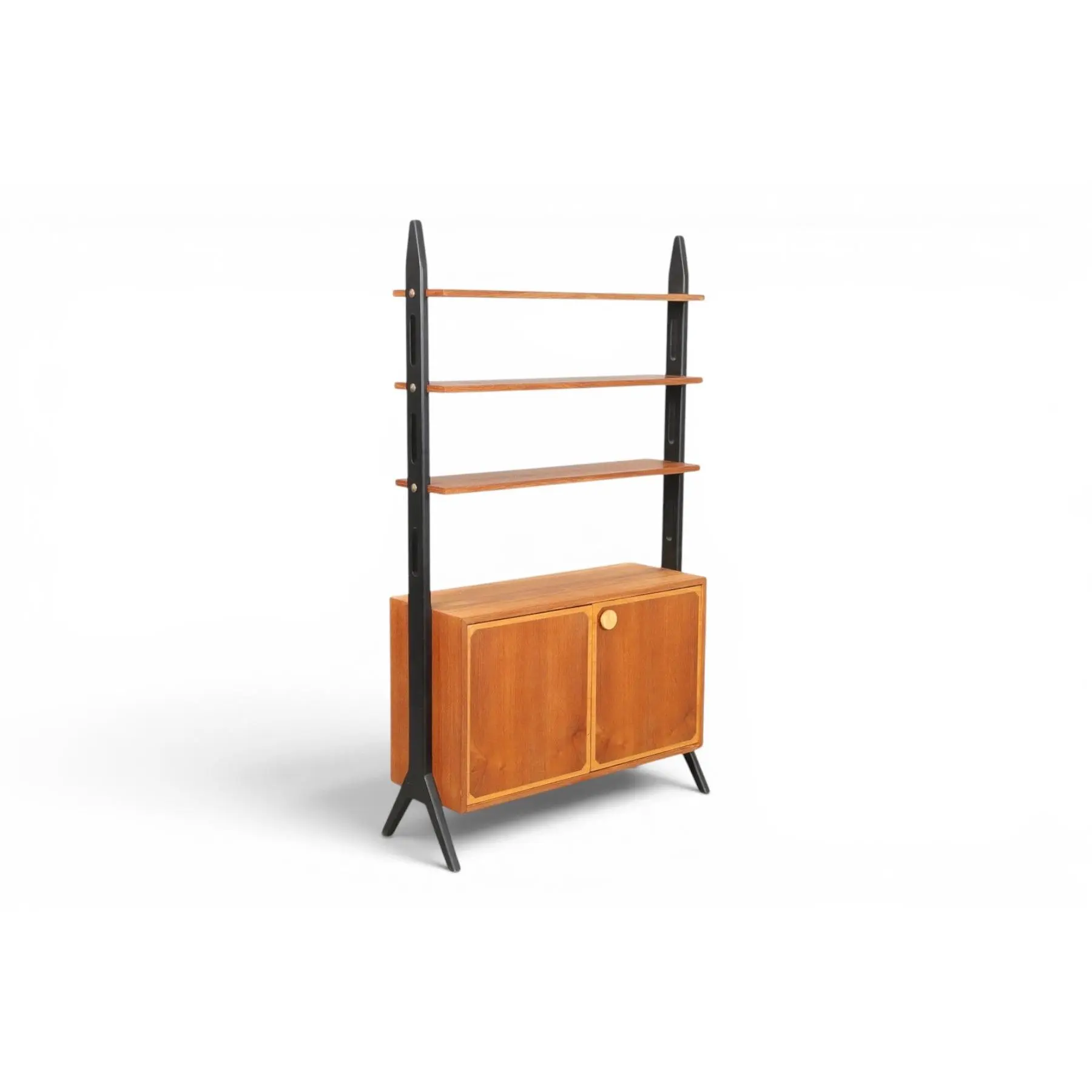 1950S SCANDINAVIAN DESIGN TEAK BOOKCASE WITH BLACK LACQUERED UPRIGHTS
