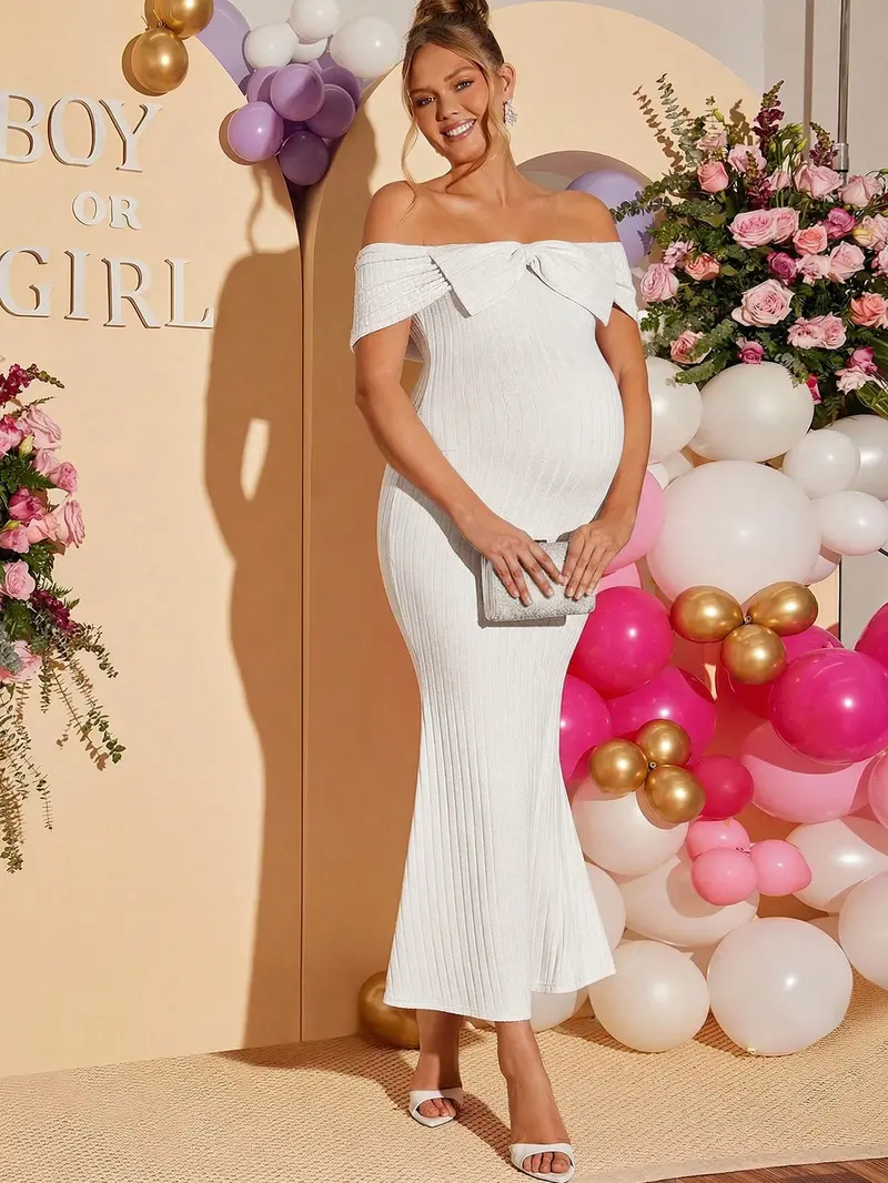 plunging darleen neck fit & flare dress Momyknows Elegant Long Sleeve Maternity Dress Ultimate Baby Shower Outfit White Bodycon Dress to Embrace Your Bump White / XL main image 0