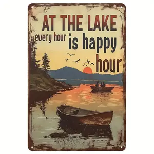 1pc Vintage Rustic Metal Tin Sign "At The Lake Every Hour Is Happy Hour" - Wall Hanging Decor for Home, Farmhouse, Cafe, Bar, Garden - Multifunctional Art Plaque for Indoor/Outdoor Use, English Text, Ideal Gift for Friends