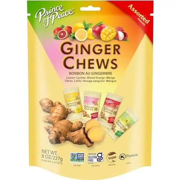 Prince of Peace Ginger Chews Assorted Flavors, 8 oz - Lemon, Lychee, Blood Orange, Mango - Candied Ginger Variety Pack - Natural Candy Pack